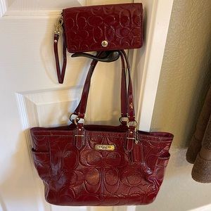 Coach Tote: red patent leather shopper tote & wallet/wristlet SET